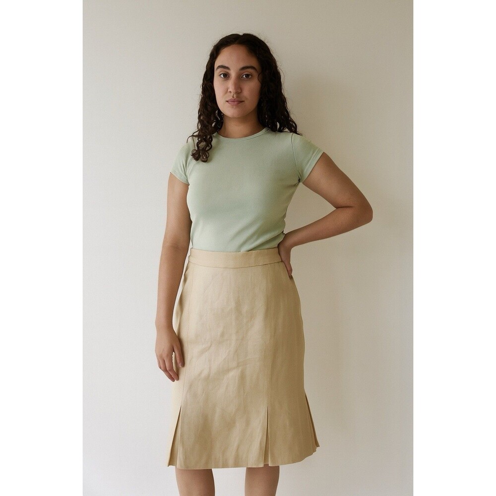 Lauren Ralph Lauren Vintage 100% Linen Tan Midi Pleated Modest ALine Skirt Sz 14